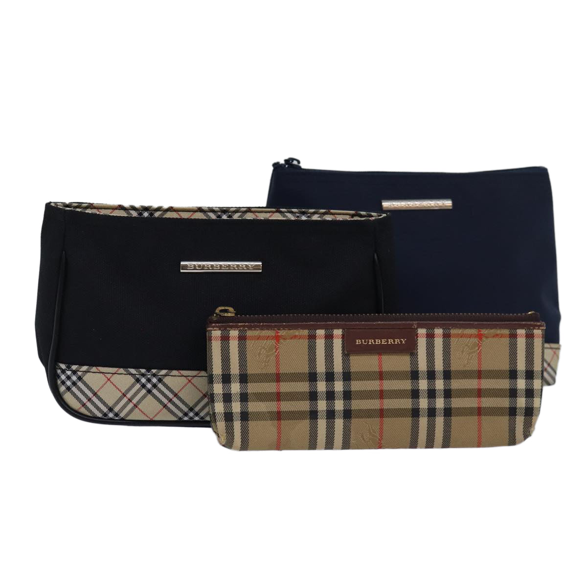 BURBERRY Nova Check Pouch Canvas 3Set Beige Navy Auth yk13612