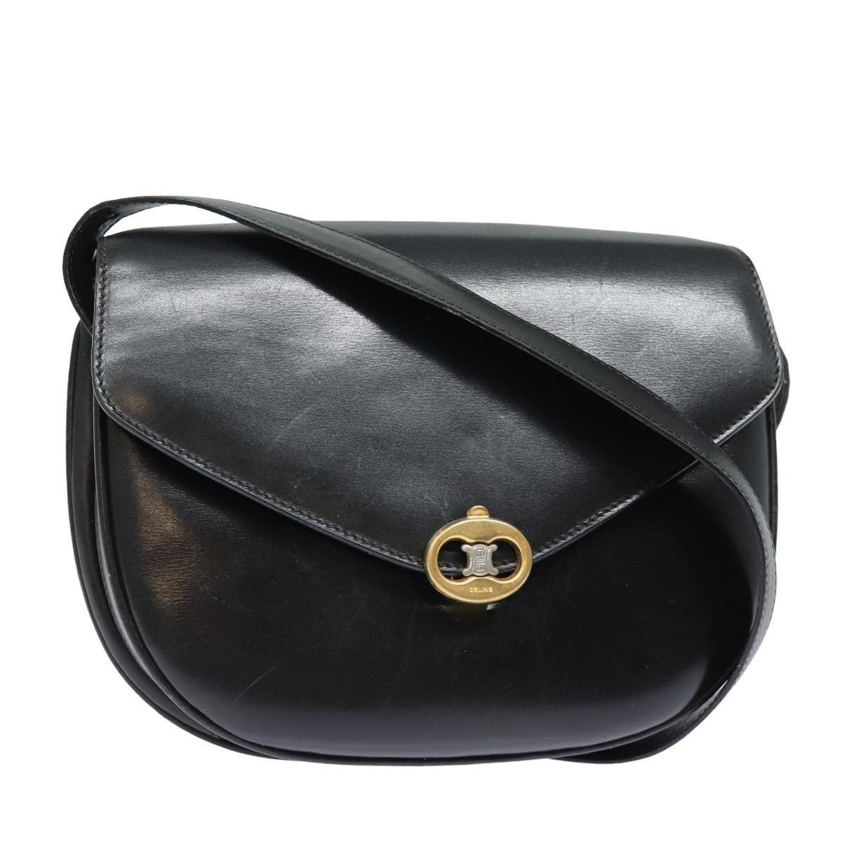 CELINE Shoulder Bag Leather Black Auth yk13626