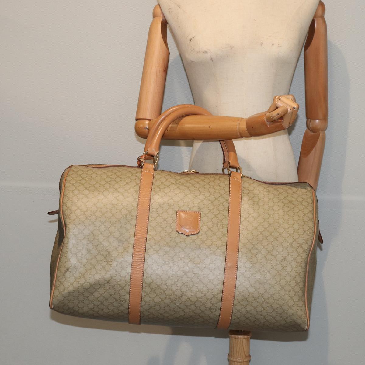 CELINE Macadam Canvas Boston Bag Beige Auth yk13637