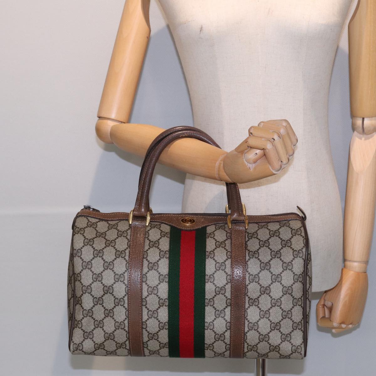 GUCCI GG Supreme Web Sherry Line Boston Bag PVC Beige 24 02 007 Auth yk13661