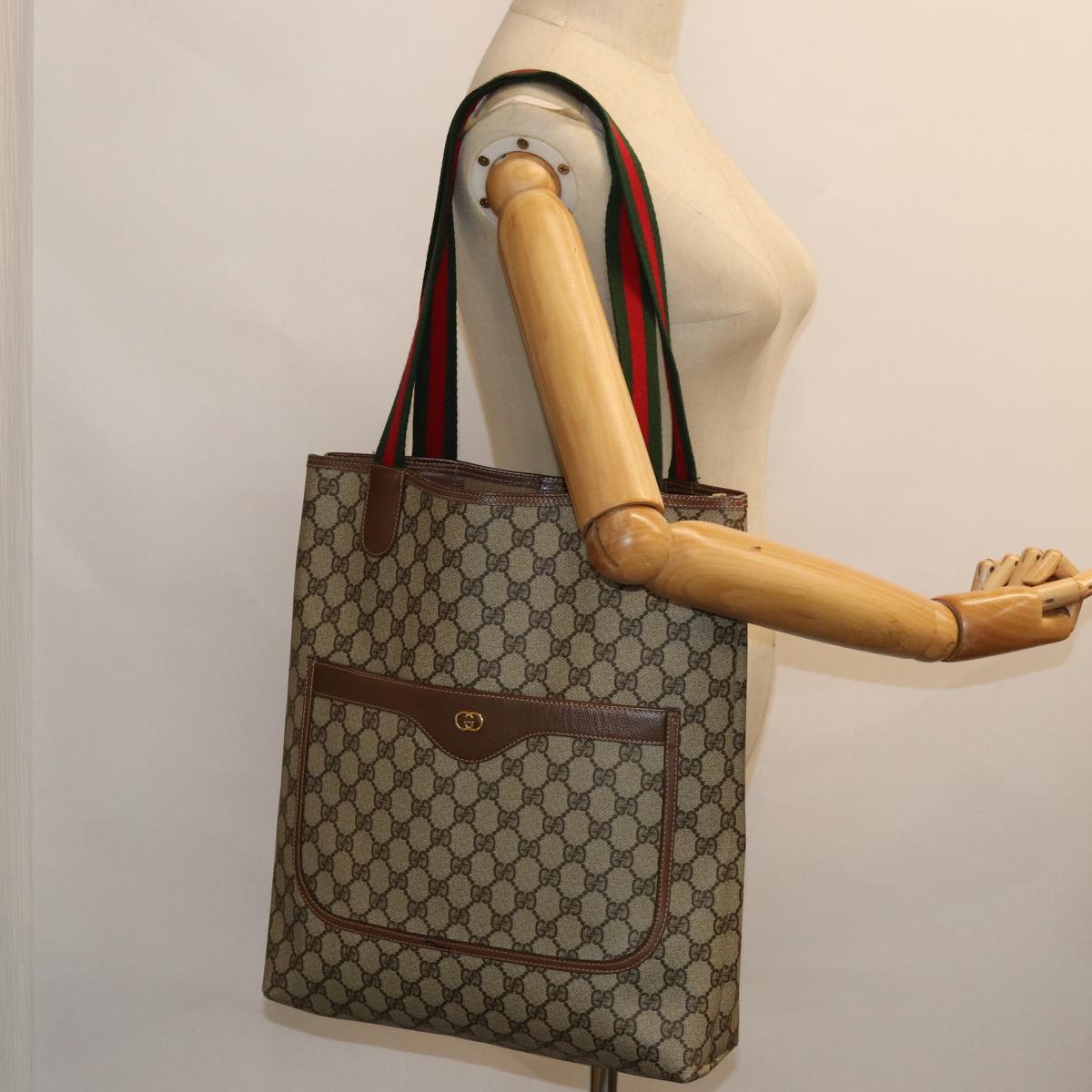 GUCCI GG Supreme Web Sherry Line Tote Bag PVC Beige 002 123 6487 Auth yk13692