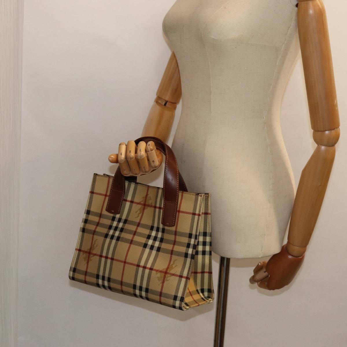 BURBERRY Nova Check Hand Bag PVC Leather Beige Auth yk13701