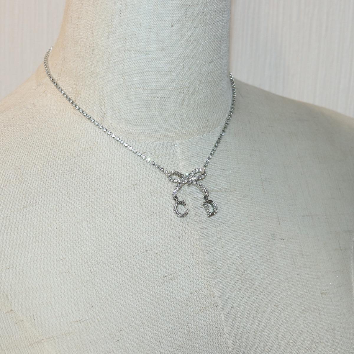 Christian Dior Ribbon Stone Necklace metal Silver Auth yk13713