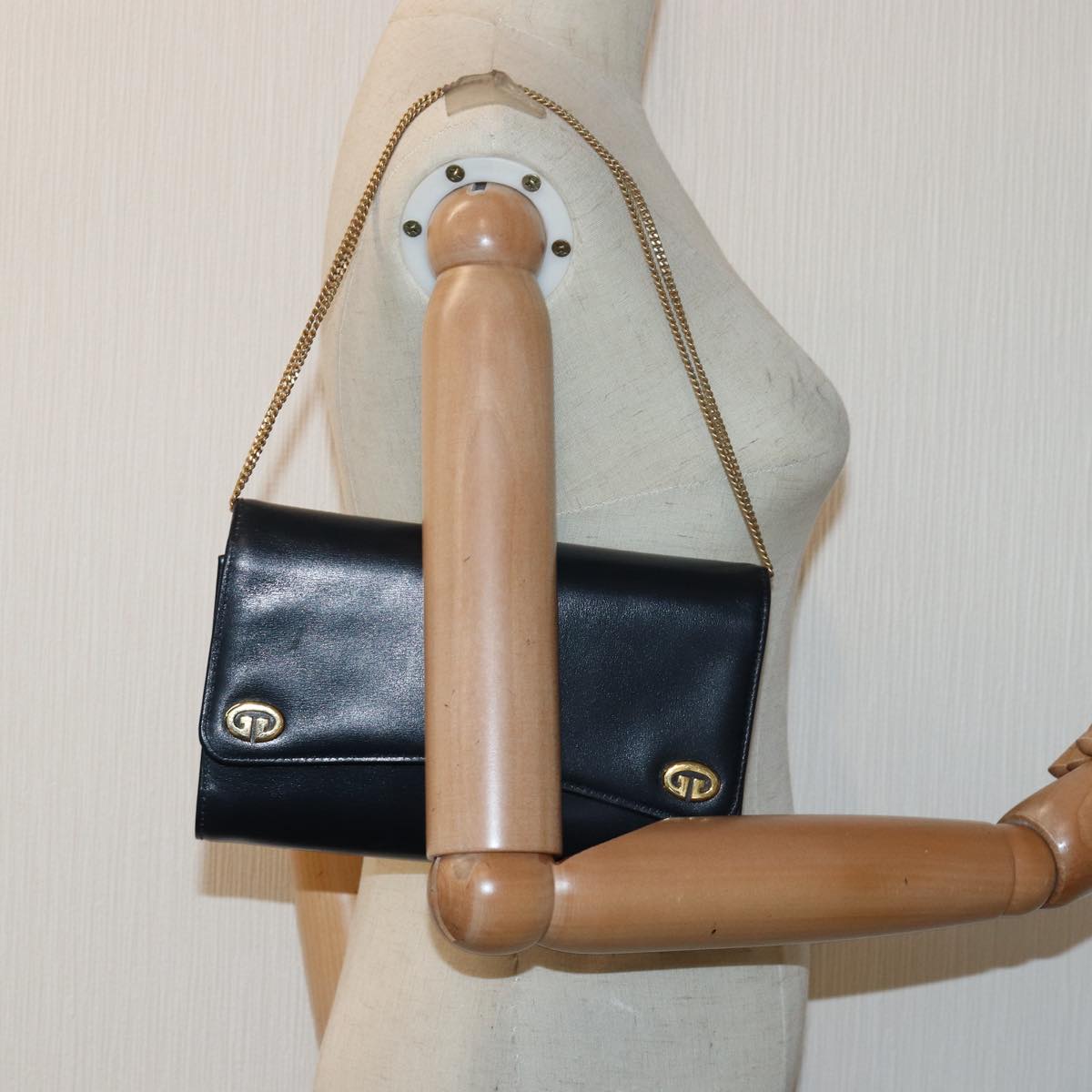 GUCCI Chain Hand Bag Leather Navy Auth yk13717