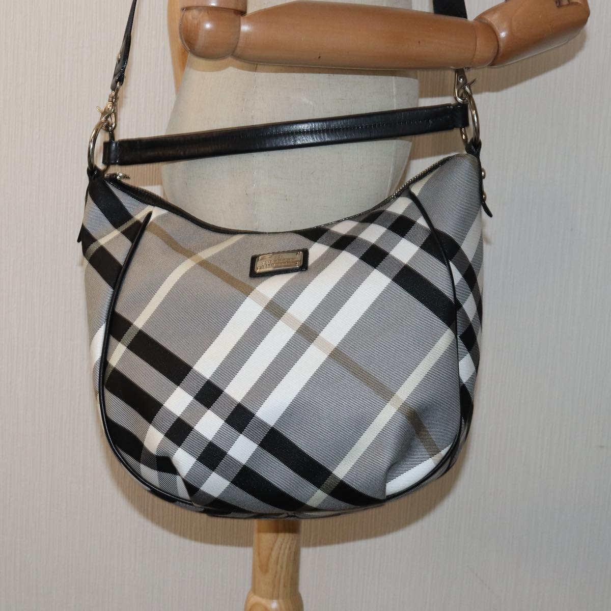 BURBERRY Nova Check Blue Label Hand Bag Canvas 2way Black White Auth yk13730