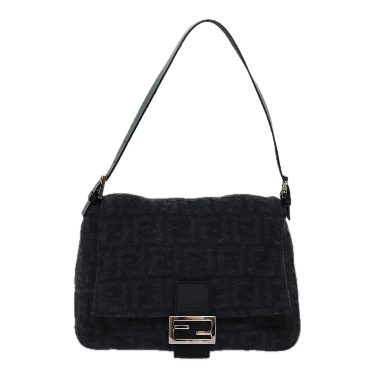 FENDI Zucca Canvas Mamma Baguette Shoulder Bag Wool Black Auth yk13747