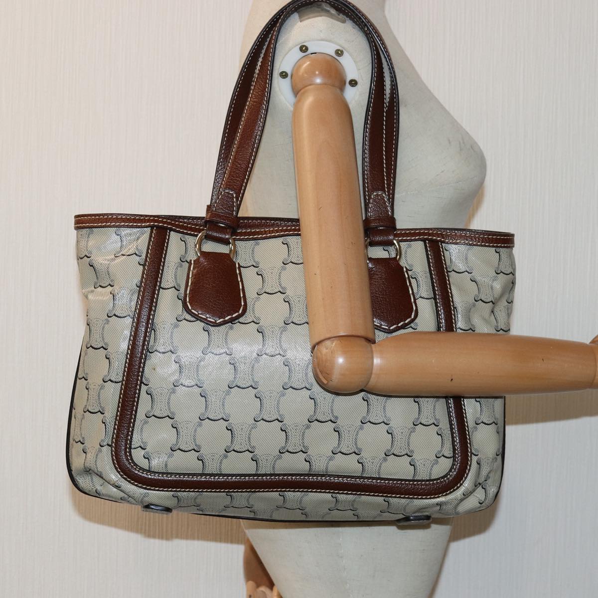 CELINE Paris Macadam Canvas Tote Bag Beige Auth yk13781