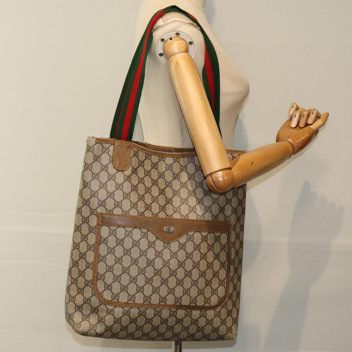 GUCCI GG Supreme Web Sherry Line Tote Bag PVC Beige Red 39 02 003 Auth yk13803