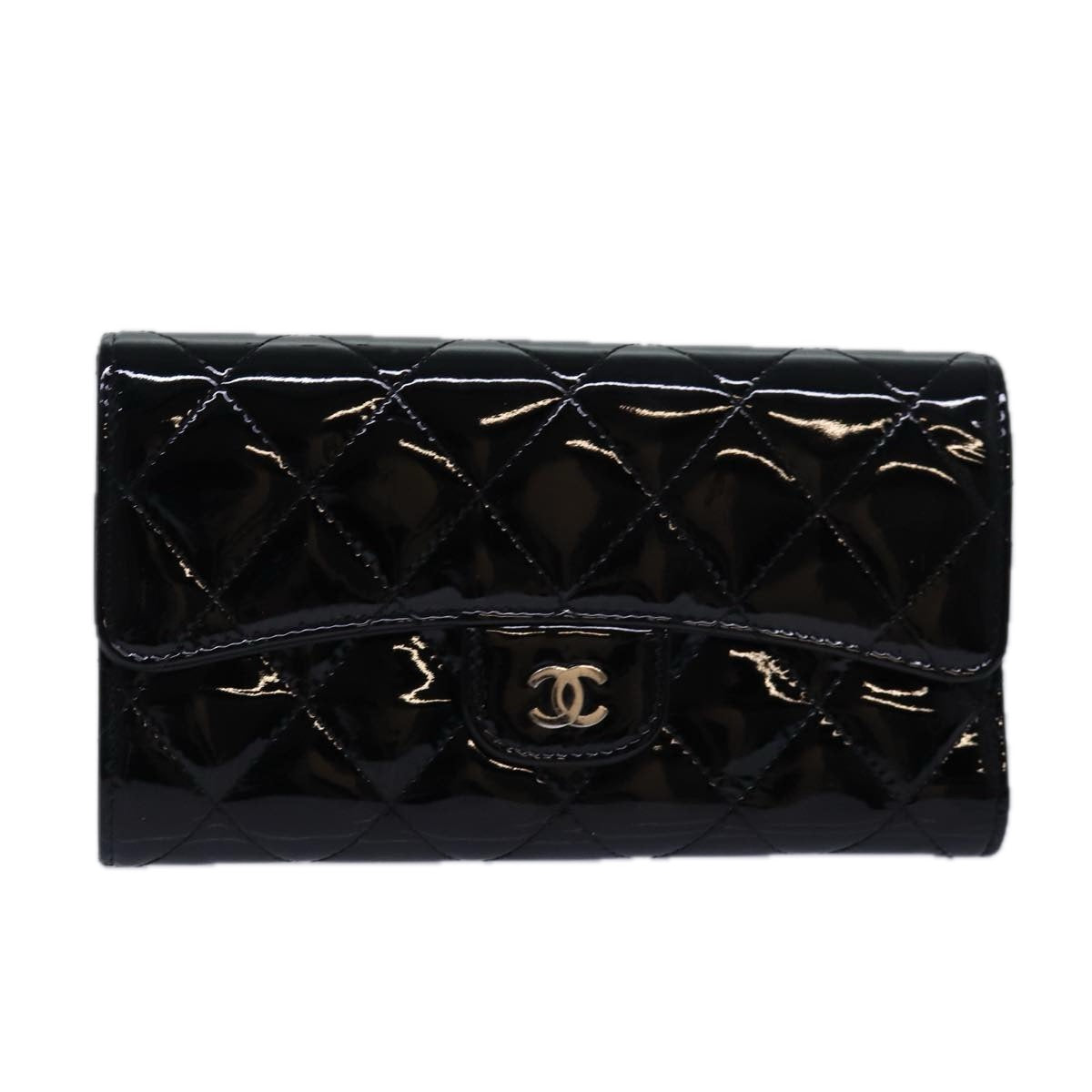 CHANEL Matelasse Long Wallet Enamel Black CC Auth yk13806A