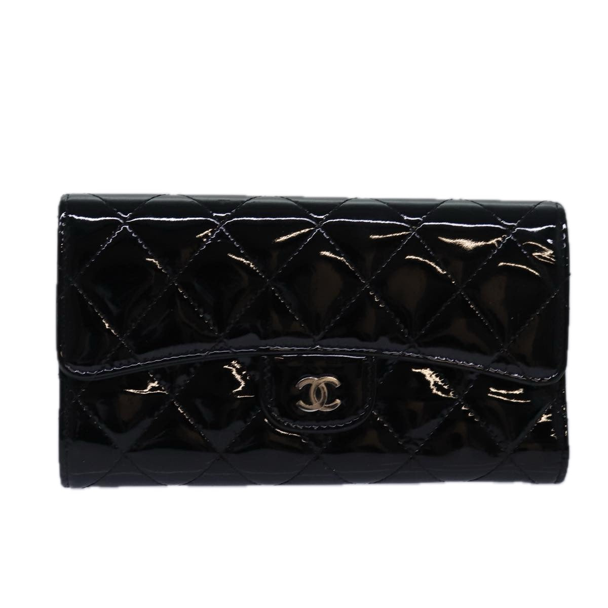 CHANEL Matelasse Long Wallet Enamel Black CC Auth yk13806A