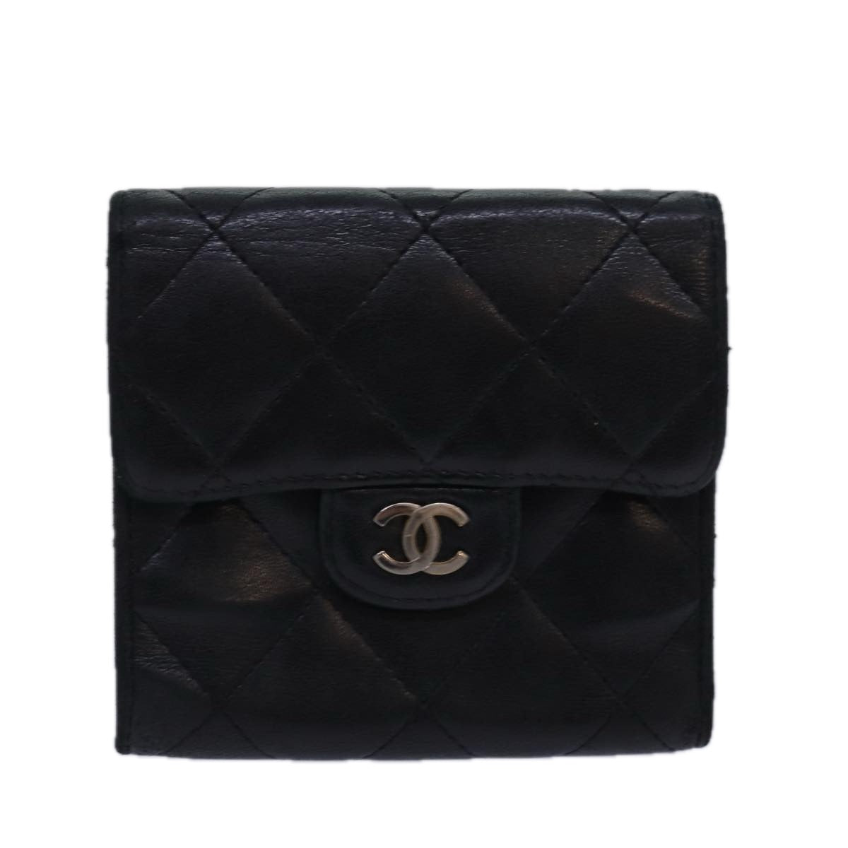 CHANEL Matelasse Compact Wallet Lamb Skin Black CC Auth yk13810