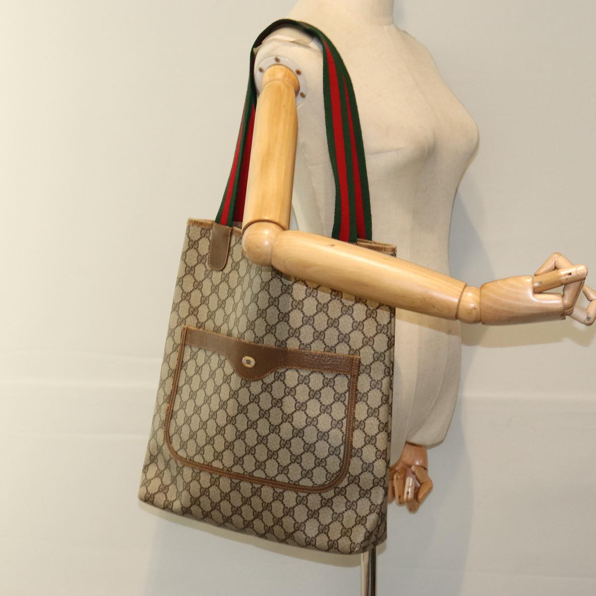 GUCCI GG Supreme Web Sherry Line Tote Bag PVC Beige Red 40 02 003 Auth yk13821