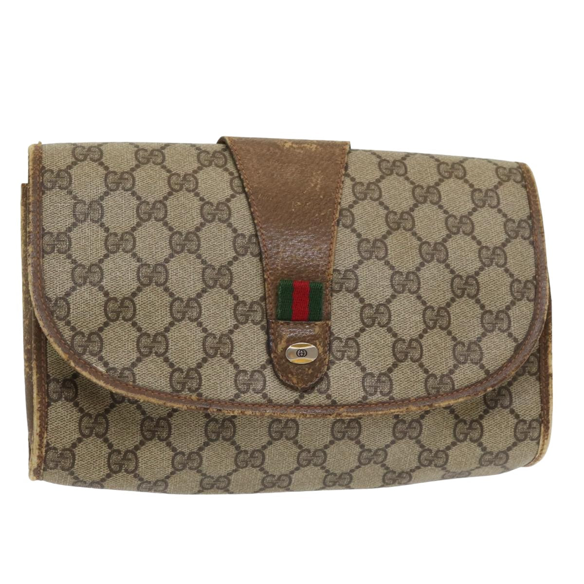 GUCCI GG Supreme Web Sherry Line Clutch Bag PVC Beige Red 89 01 030 Auth yk13877