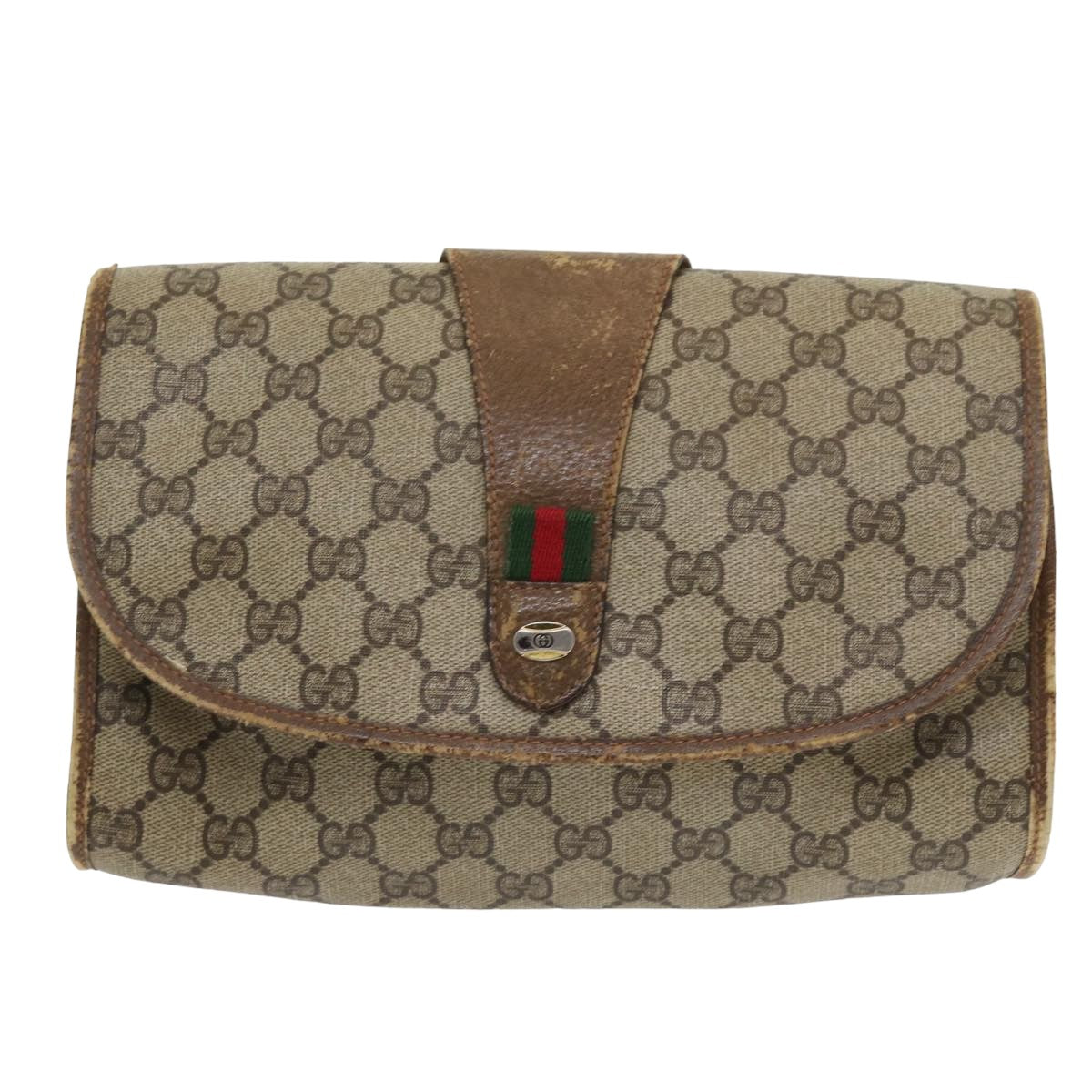 GUCCI GG Supreme Web Sherry Line Clutch Bag PVC Beige Red 89 01 030 Auth yk13877