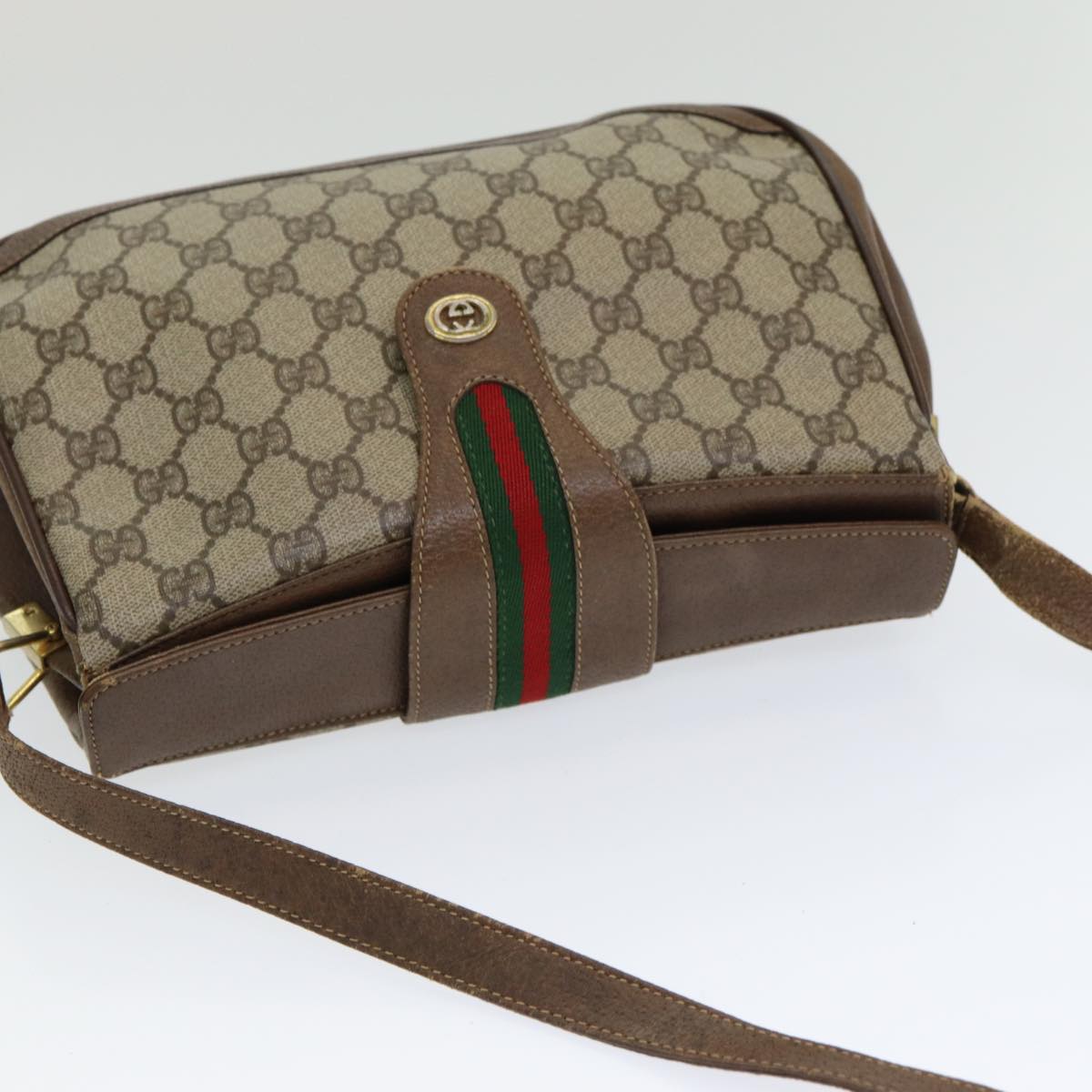 GUCCI GG Supreme Web Sherry Line Shoulder Bag PVC Beige 116 02 076 Auth yk13885