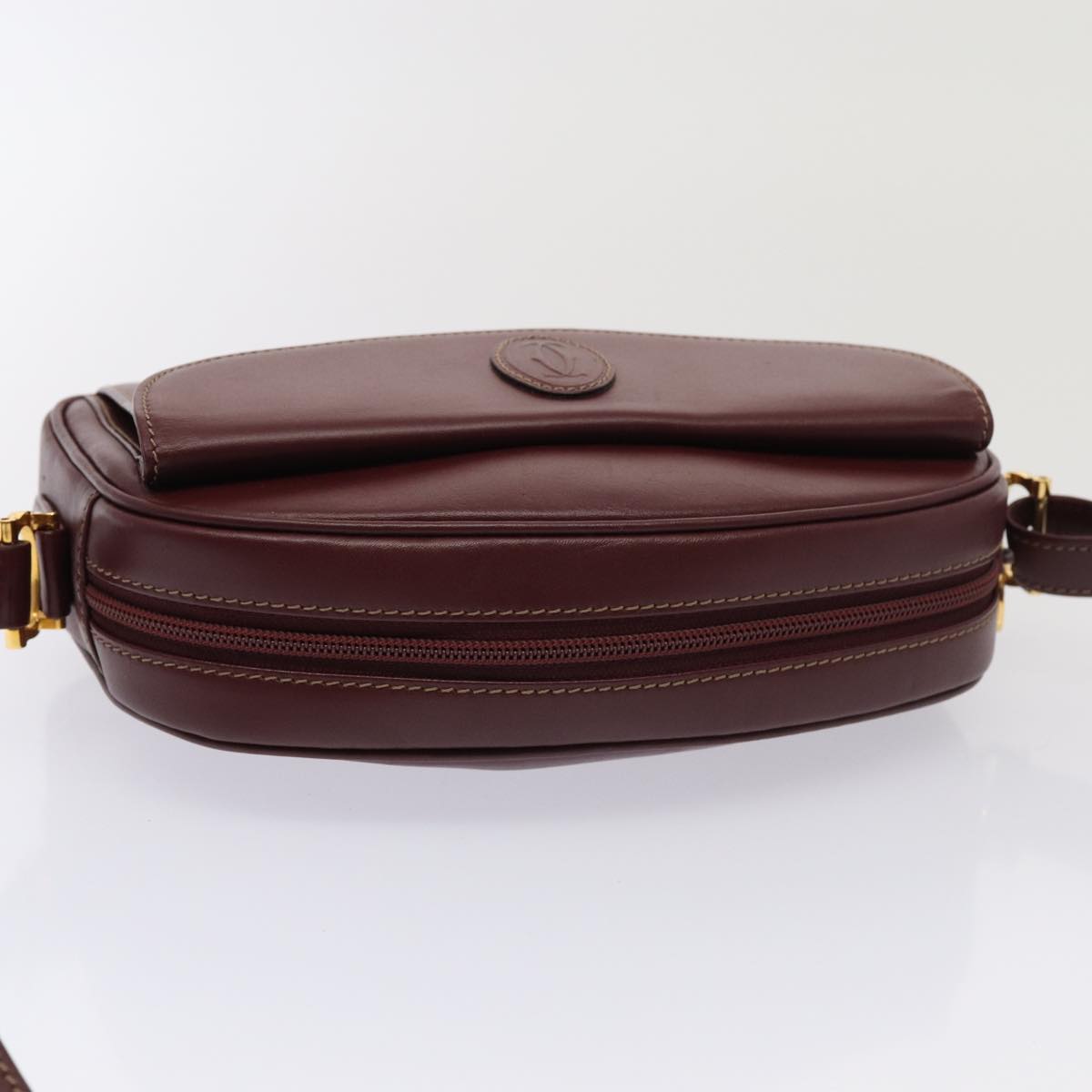 CARTIER Shoulder Bag Leather Wine Red Auth yk13920