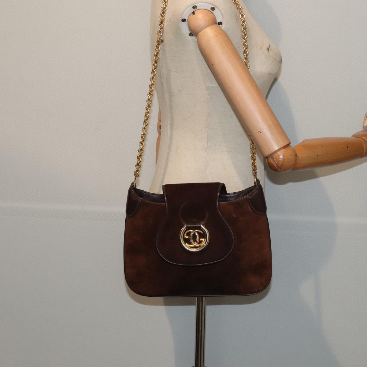 GUCCI Chain Shoulder Bag Suede Brown Auth yk13962