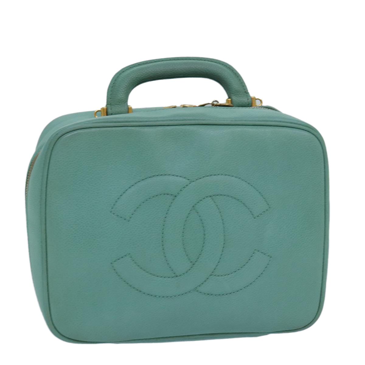 CHANEL Vanity COCO Mark Hand Bag Caviar Skin Emerald Green CC Auth yk13974A