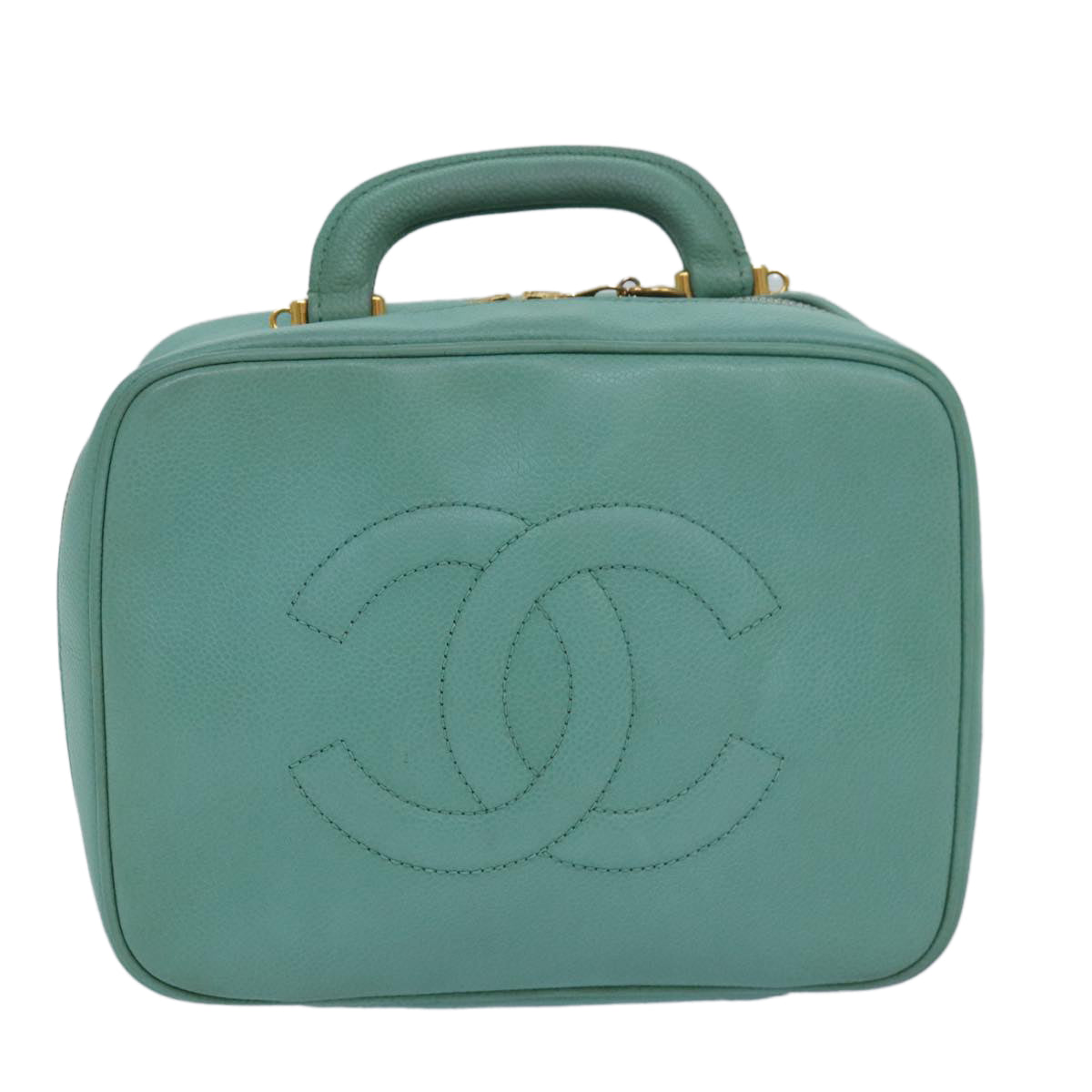 CHANEL Vanity COCO Mark Hand Bag Caviar Skin Emerald Green CC Auth yk13974A