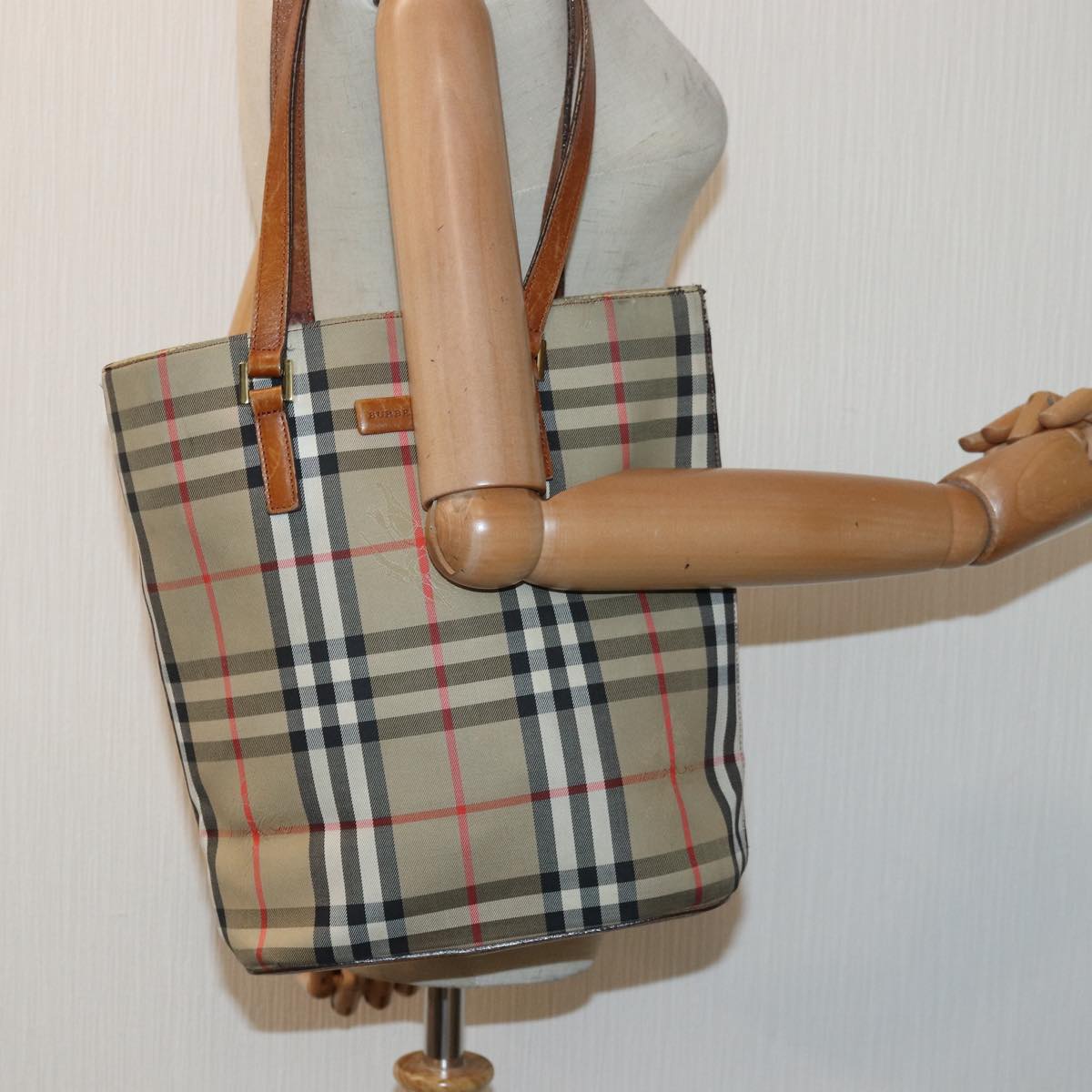 BURBERRY Nova Check Tote Bag Canvas Beige Auth yk13983