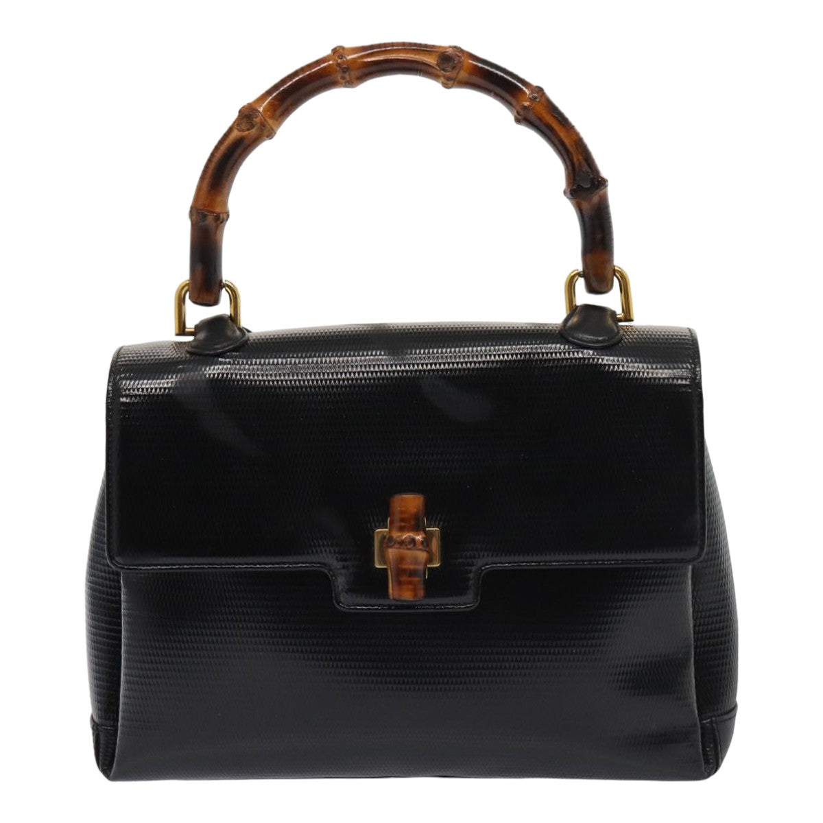 GUCCI Bamboo Hand Bag Patent leather Black Auth yk13994