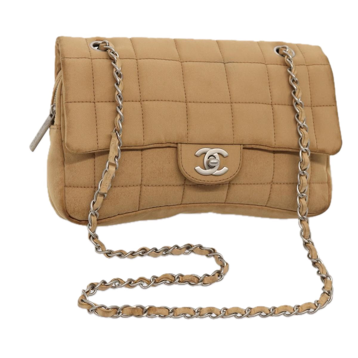 CHANEL Choco Bar  Turn Lock ChainShoulder Bag Canvas Brown CC Auth yk14020