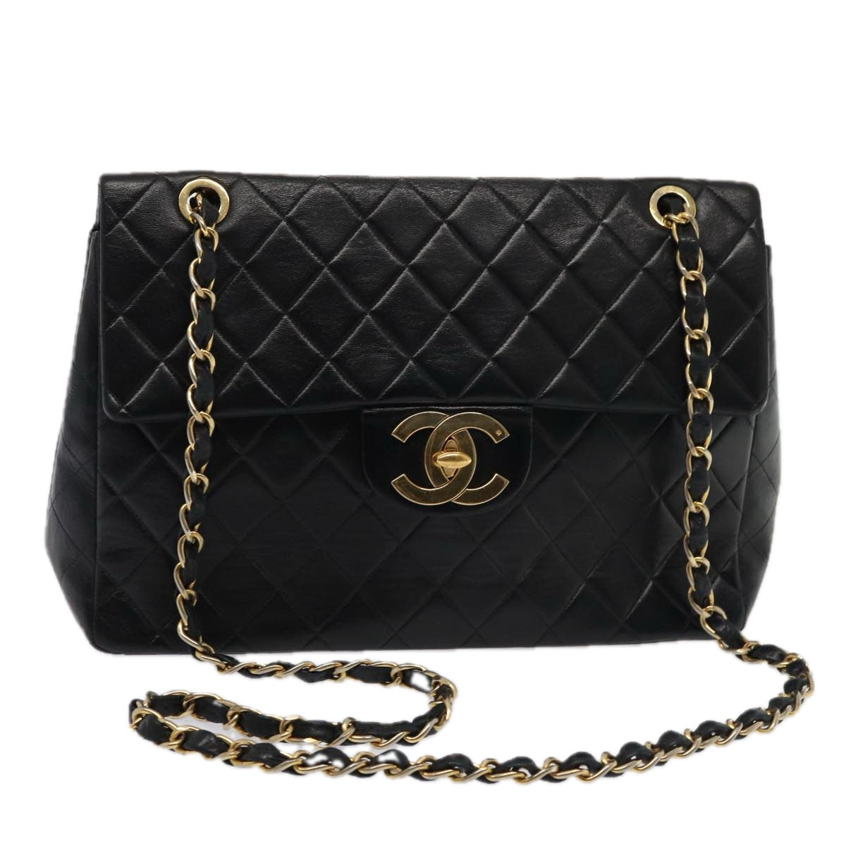 CHANEL Big Matelasse Turn Lock Chain Bag Lamb Skin Black CC Auth yk14027