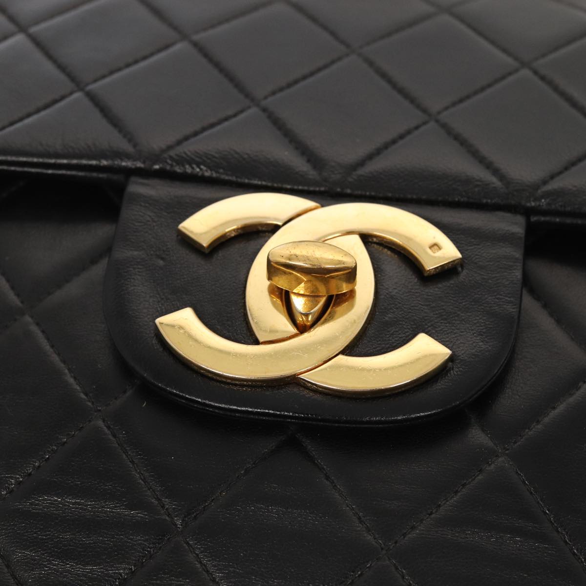 CHANEL Big Matelasse Turn Lock Chain Bag Lamb Skin Black CC Auth yk14027