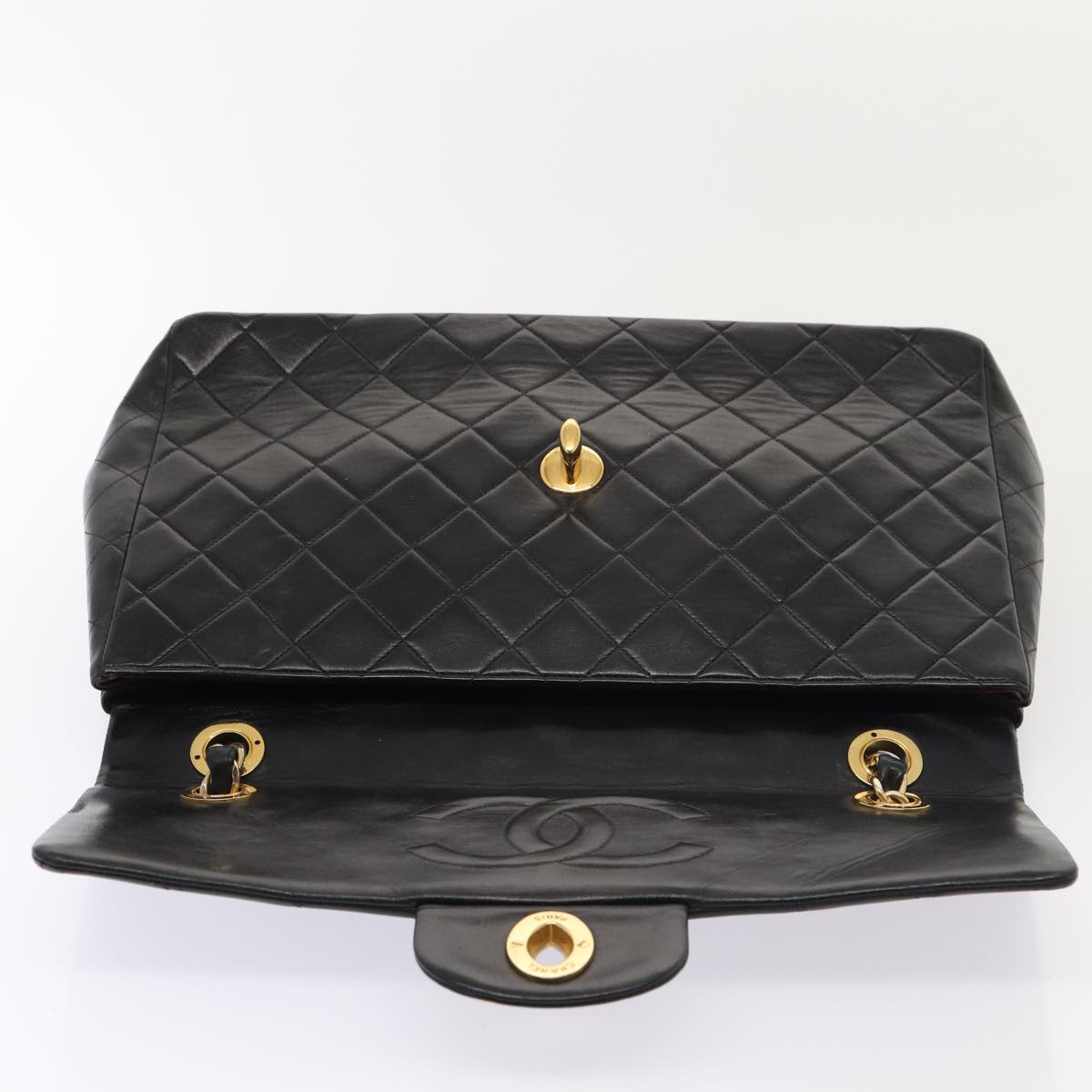 CHANEL Big Matelasse Turn Lock Chain Bag Lamb Skin Black CC Auth yk14027