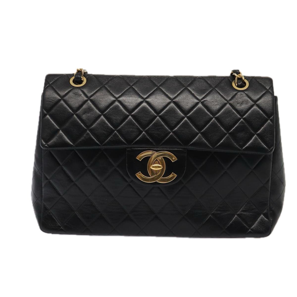 CHANEL Big Matelasse Turn Lock Chain Bag Lamb Skin Black CC Auth yk14027