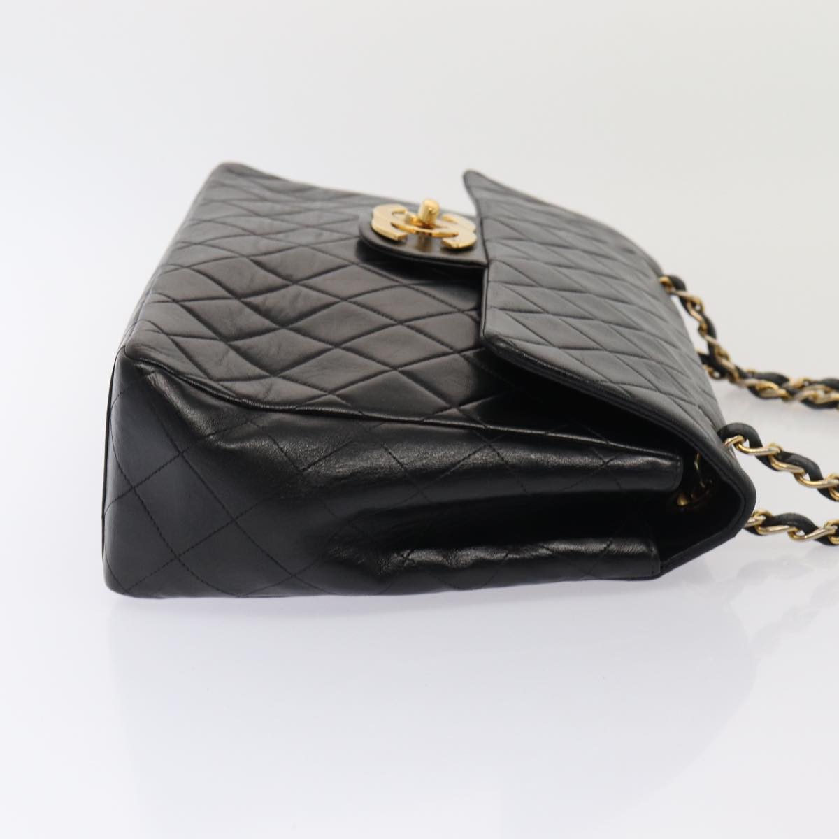 CHANEL Big Matelasse Turn Lock Chain Bag Lamb Skin Black CC Auth yk14027