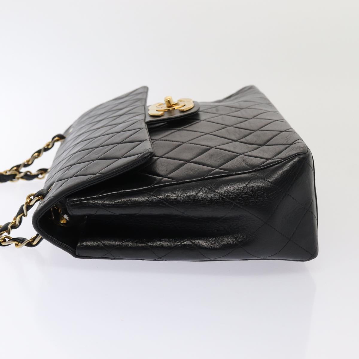 CHANEL Big Matelasse Turn Lock Chain Bag Lamb Skin Black CC Auth yk14027