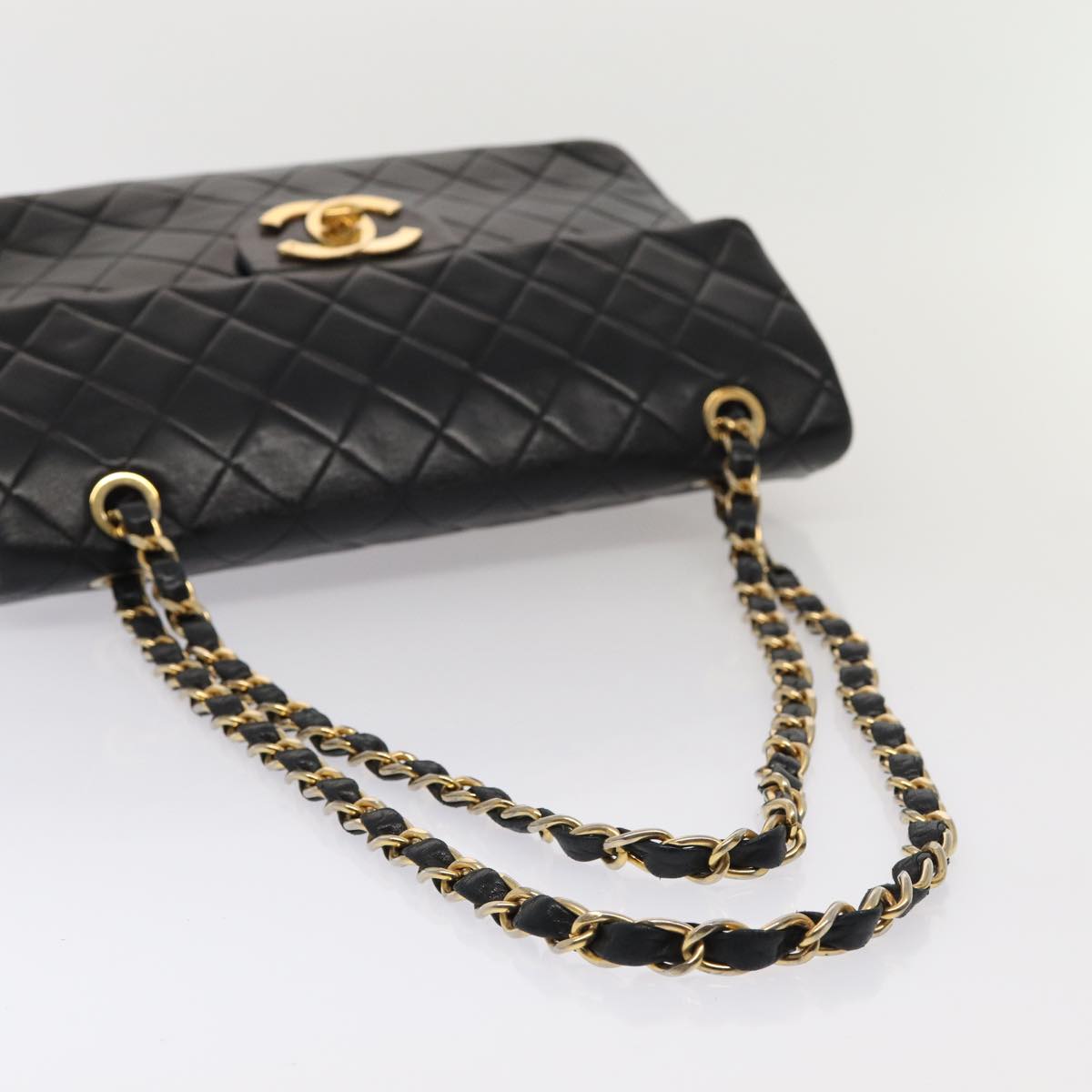 CHANEL Big Matelasse Turn Lock Chain Bag Lamb Skin Black CC Auth yk14027