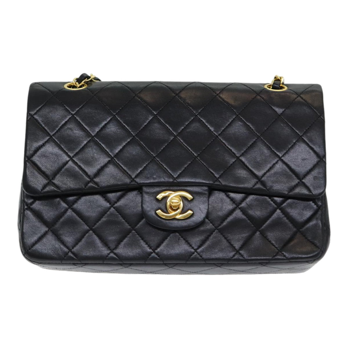 CHANEL Matelasse 25 Turn Lock Chain Hand Bag Lamb Skin Black CC Auth yk14030A