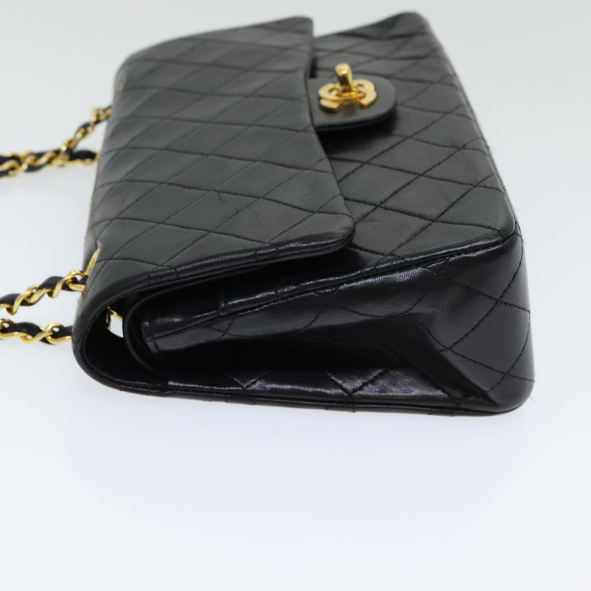 CHANEL Matelasse 25 Turn Lock Chain Hand Bag Lamb Skin Black CC Auth yk14030A