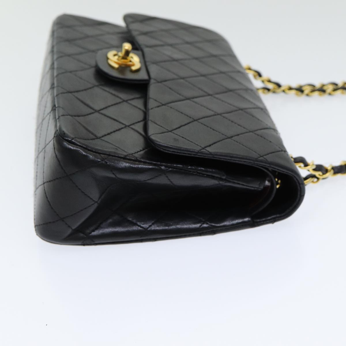 CHANEL Matelasse 25 Turn Lock Chain Hand Bag Lamb Skin Black CC Auth yk14030A