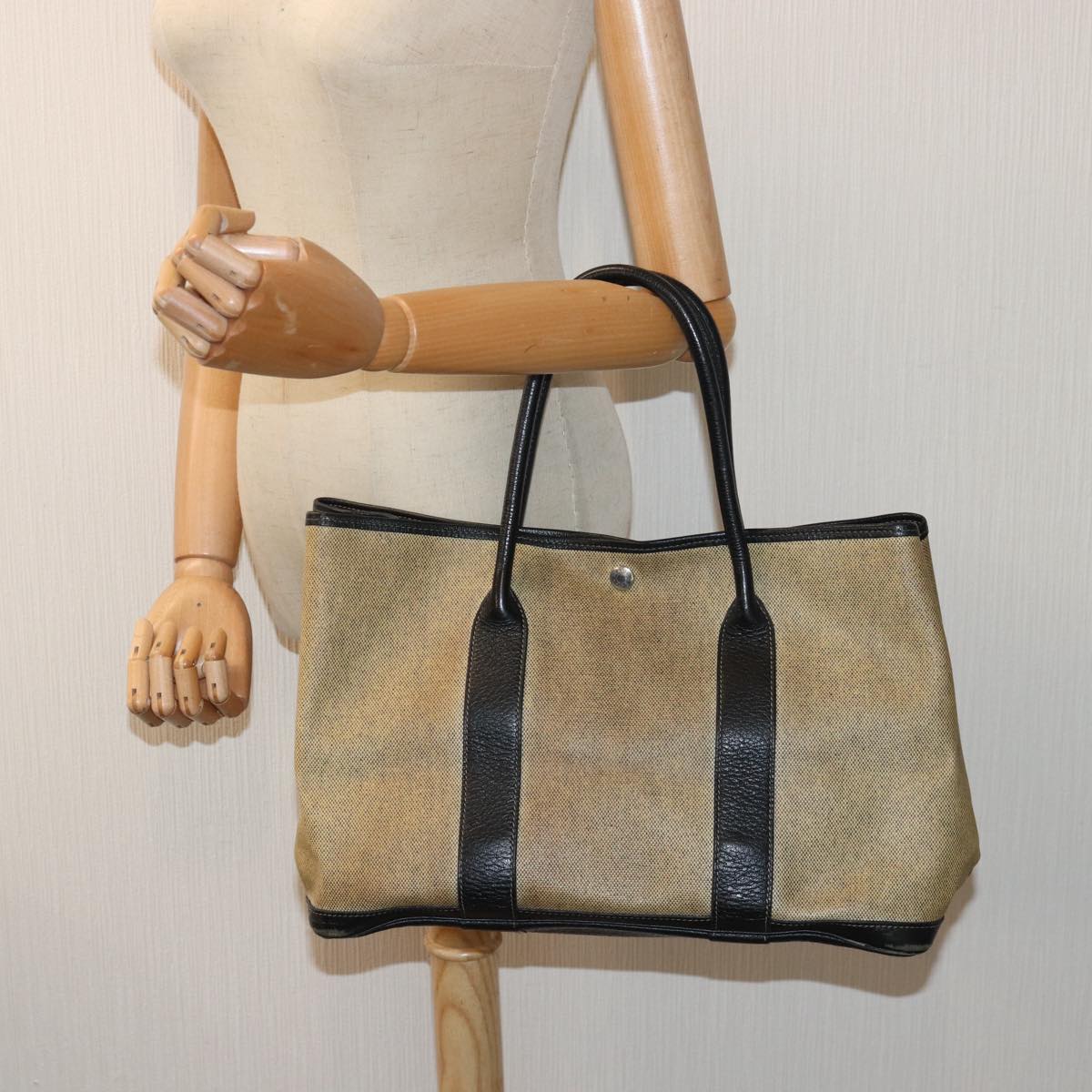 HERMES Garden Party PM Tote Bag Coated Canvas Beige Black Auth yk14033