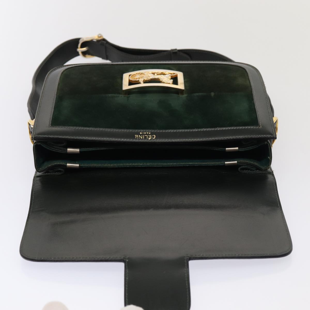 CELINE Horse Carriage Shoulder Bag Leather Suede Green Auth yk14063