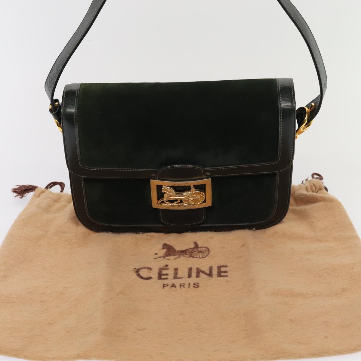 CELINE Horse Carriage Shoulder Bag Leather Suede Green Auth yk14063