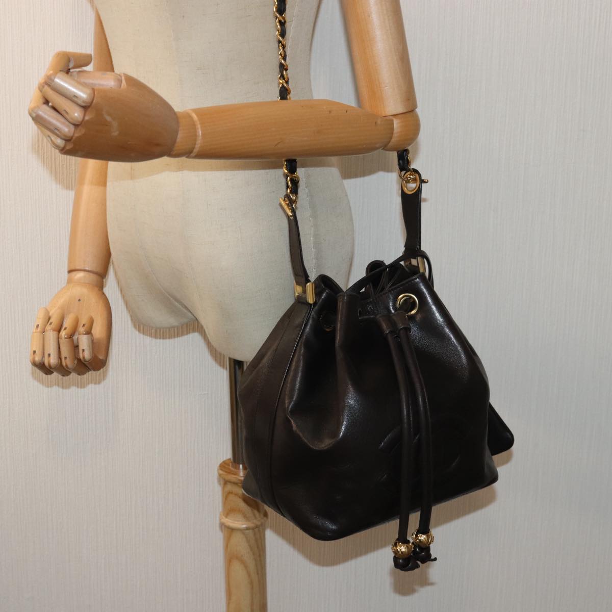 CHANEL COCO Mark Drawstring Chain Shoulder Bag Leather Brown CC Auth yk14076