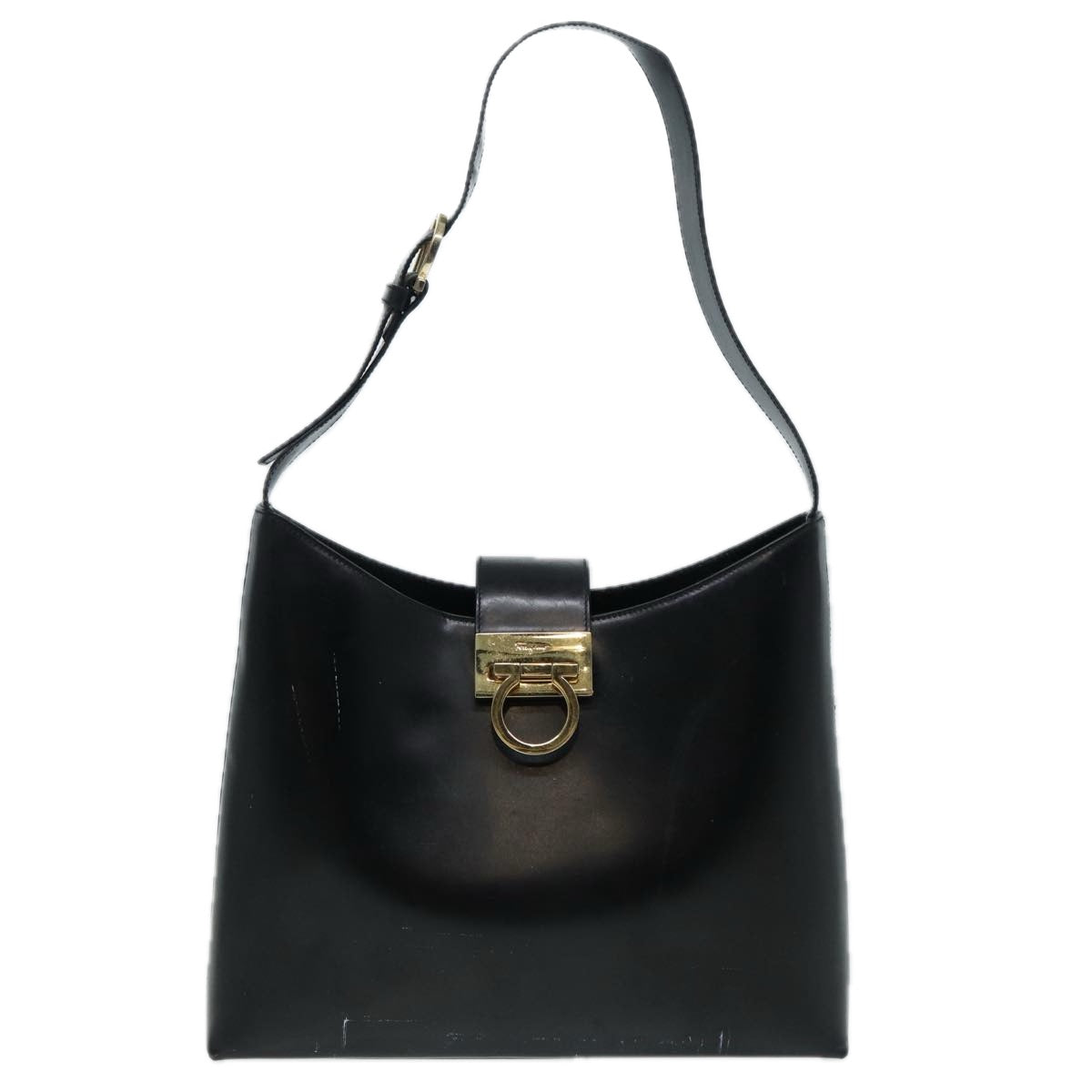 Salvatore Ferragamo Gancini Chain Shoulder Bag Leather Black Auth yk14084