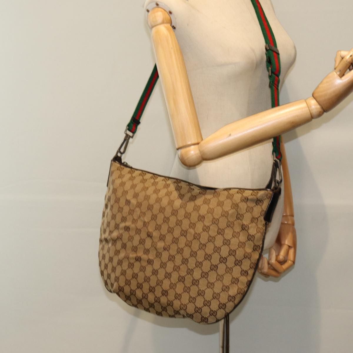 GUCCI GG Canvas Web Sherry Line Shoulder Bag Beige Red Green Auth yk14092