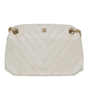 CHANEL V Stitch Chain Hand Bag Leather White CC Auth yk14103-13