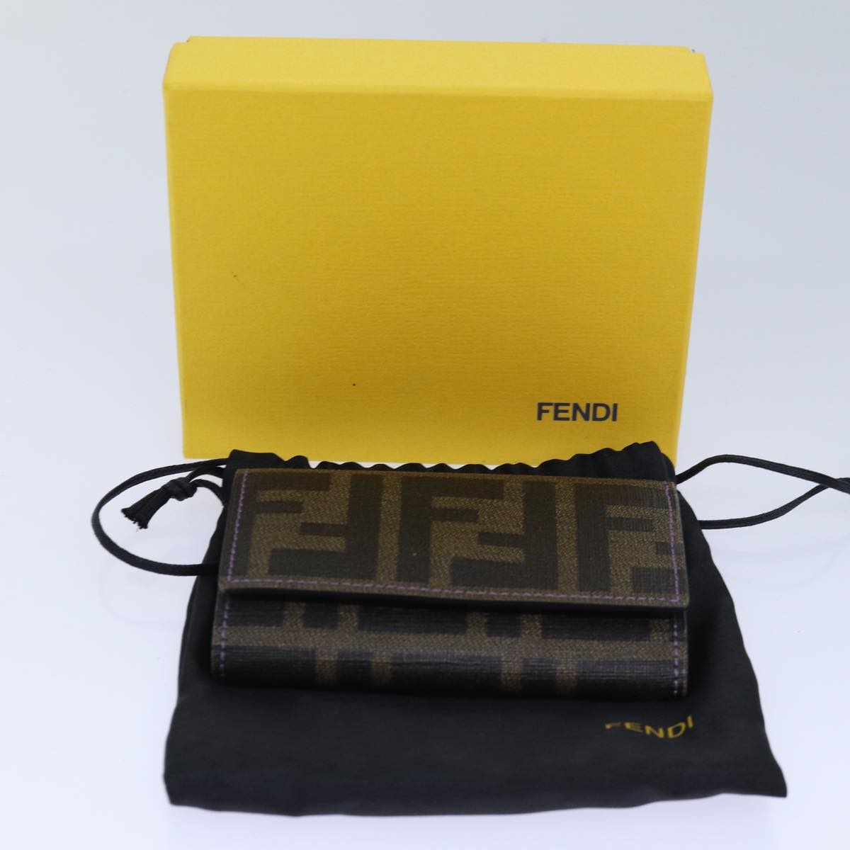 FENDI Zucca Canvas Key Case Black Brown gold Auth yk14135