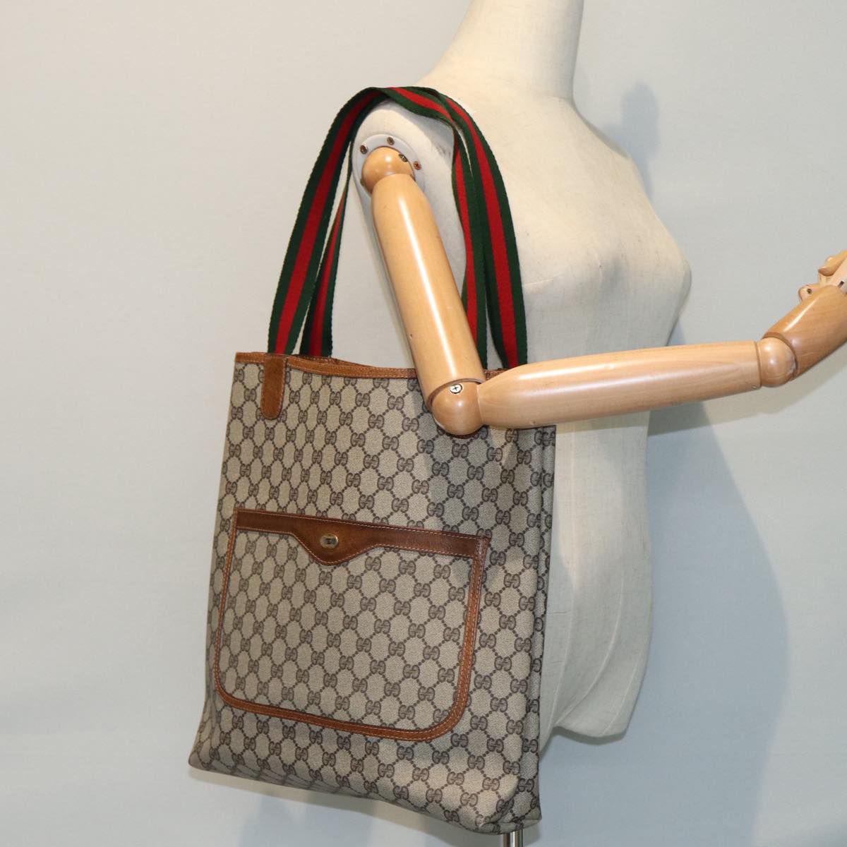 GUCCI GG Supreme Web Sherry Line Tote Bag PVC Beige Red 39 002 4487 Auth yk14141