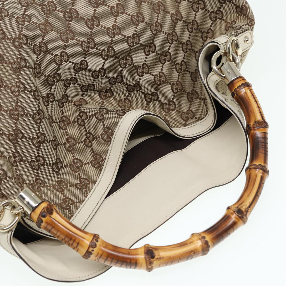 GUCCI GG Canvas Bamboo Hand Bag Beige Gold 169976 Auth yk14142