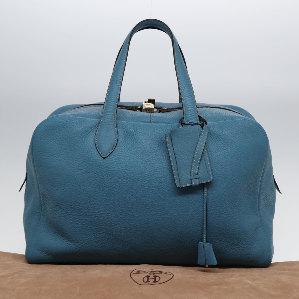 HERMES Victoria 43 Boston Bag Leather Blue Gold Auth yk14144