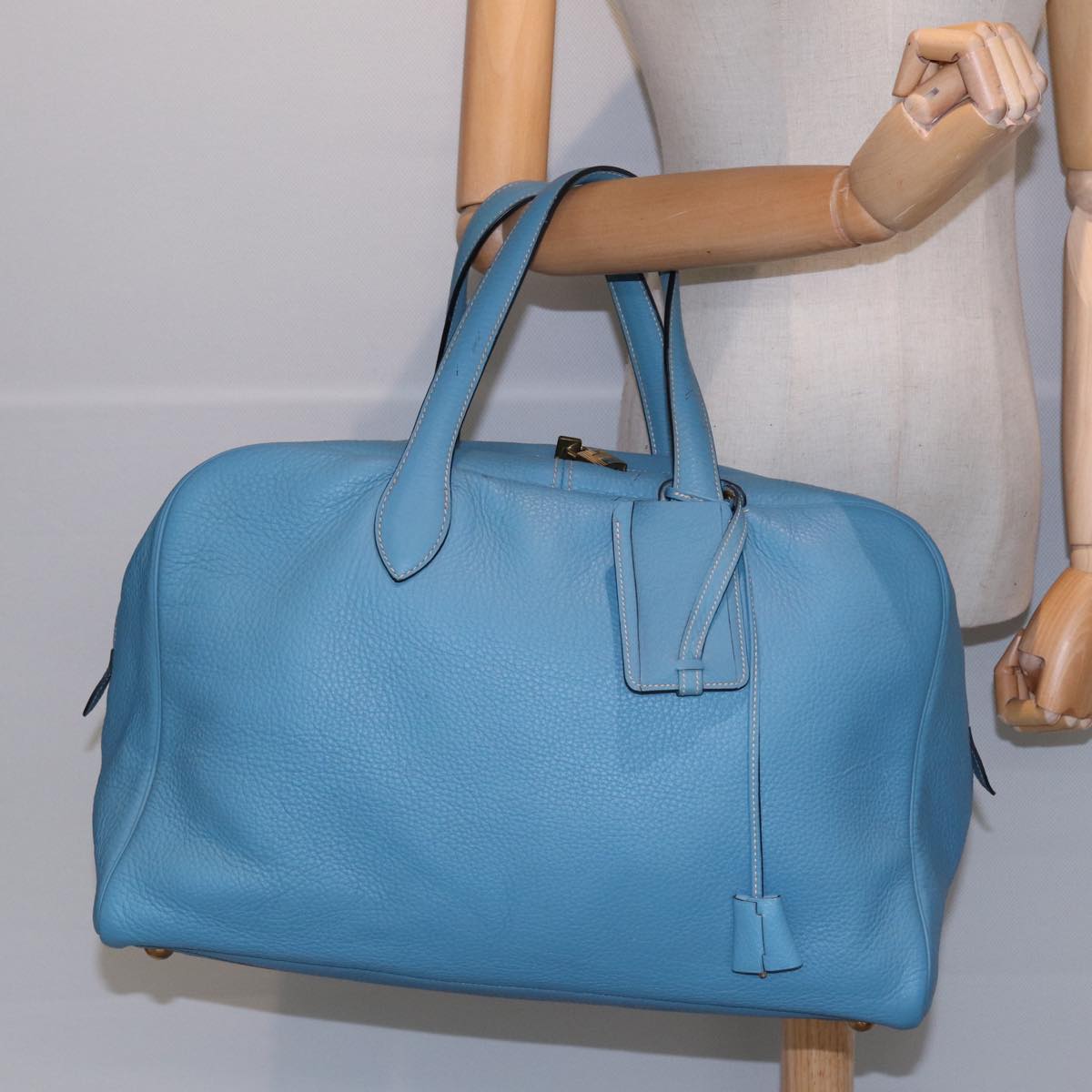 HERMES Victoria 43 Boston Bag Leather Blue Gold Auth yk14144