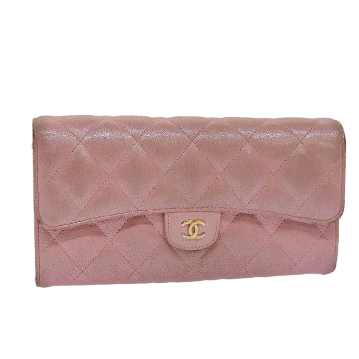 CHANEL Matelasse Long Wallet Caviar Skin Pink CC Auth yk14160