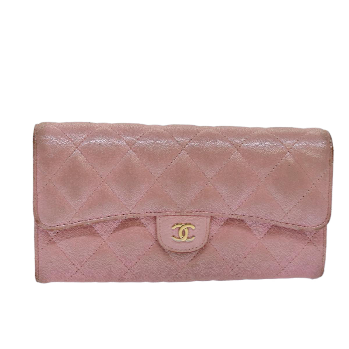 CHANEL Matelasse Long Wallet Caviar Skin Pink CC Auth yk14160